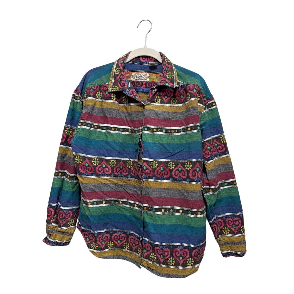 Angelique NYC Top Womens M Geometric Stripe Button Up Shirt Long Sleeve 90s Boho
